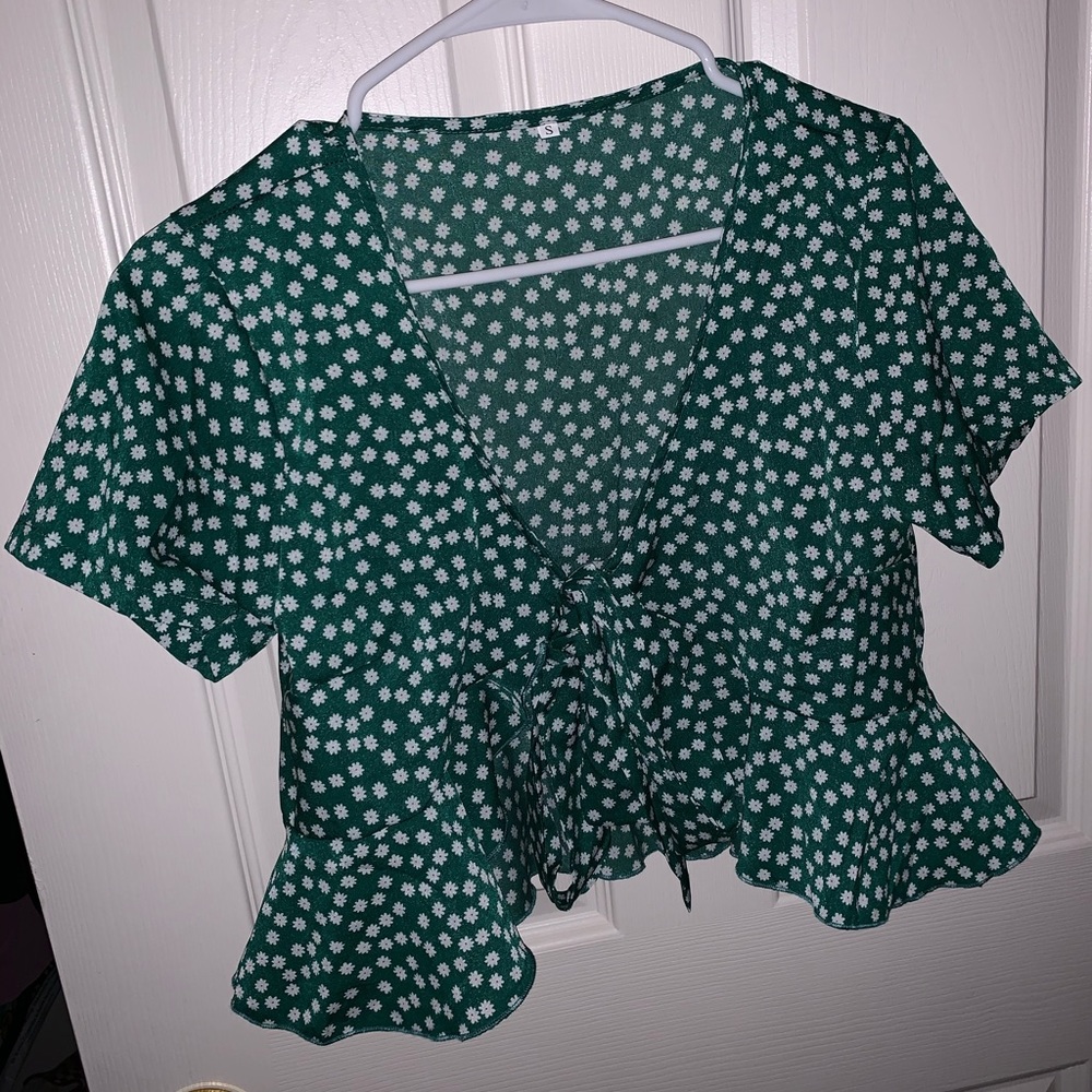 Green & White Tie Crop Top